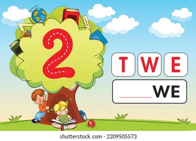 Kids learning material. Tree and Garden Play land Worksheet for learning numbers. Number 2.