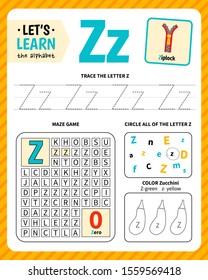 Kids learning material. Worksheet for learning alphabet. Letter Z.