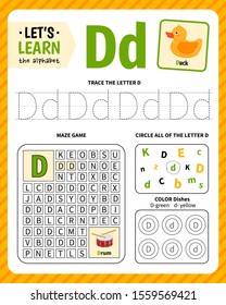 Kids learning material. Worksheet for learning alphabet. Letter D.