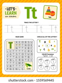 Kids learning material. Worksheet for learning alphabet. Letter T.