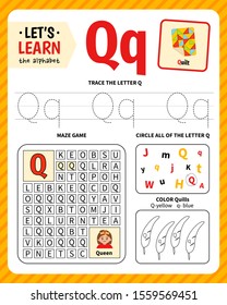 Kids learning material. Worksheet for learning alphabet. Letter Q.