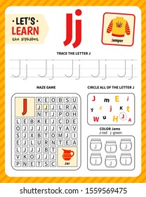 Kids learning material. Worksheet for learning alphabet. Letter J.