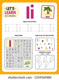 Kids learning material. Worksheet for learning alphabet. Letter I.