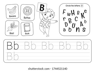 Kids learning material. Worksheet for learning alphabet. Letter B. Black and white.