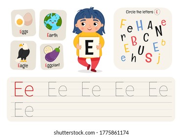 Kids learning material. Worksheet for learning alphabet. Letter E.