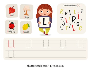 Kids learning material. Worksheet for learning alphabet. Letter L.