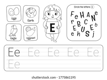 Kids learning material. Worksheet for learning alphabet. Letter E. Black and white.