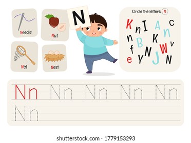 Kids learning material. Worksheet for learning alphabet. Letter N.