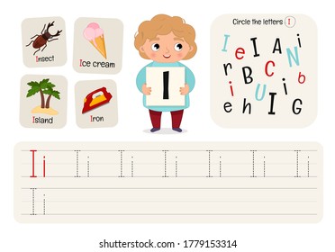 Kids learning material. Worksheet for learning alphabet. Letter I.