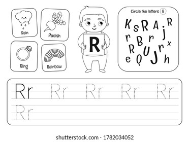 Kids learning material. Worksheet for learning alphabet. Letter R. Black and white.