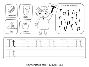 Material didáctico para niños. Hoja de trabajo para el aprendizaje del alfabeto. Letra T. Blanco y negro.