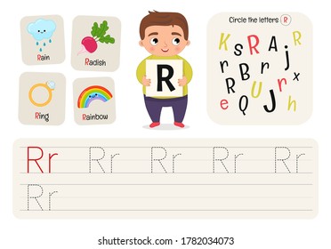 Kids learning material. Worksheet for learning alphabet. Letter R.