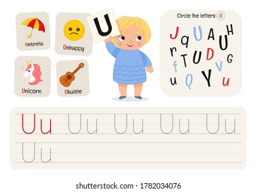 Kids learning material. Worksheet for learning alphabet. Letter U.