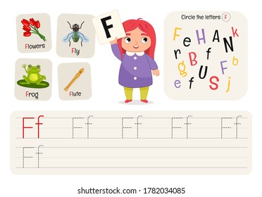 Kids learning material. Worksheet for learning alphabet. Letter F.