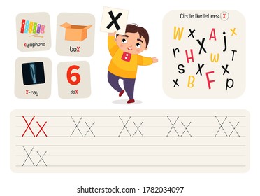 Kids learning material. Worksheet for learning alphabet. Letter X.