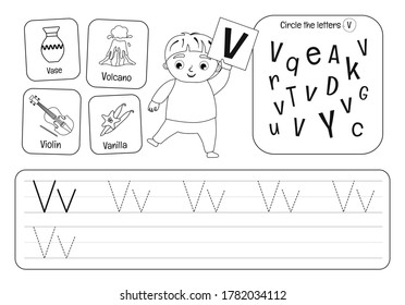 Material didáctico para niños. Hoja de trabajo para el aprendizaje del alfabeto. Letra V. blanco y negro.