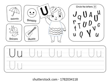 Kids learning material. Worksheet for learning alphabet. Letter U . Black and white.