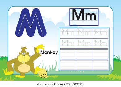 Kids learning material. Worksheet for learning alphabet. Letter M.