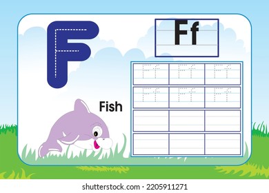 Kids learning material. Worksheet for learning alphabet. Letter F.