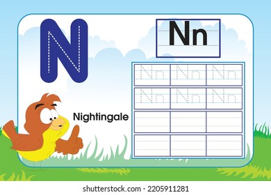 Kids learning material. Worksheet for learning alphabet. Letter N.