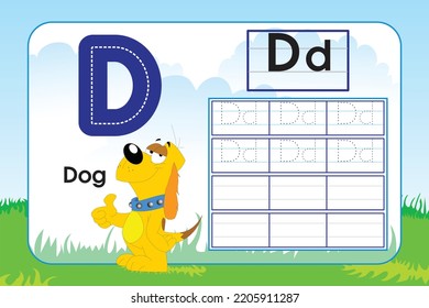 Kids learning material. Worksheet for learning alphabet. Letter D.