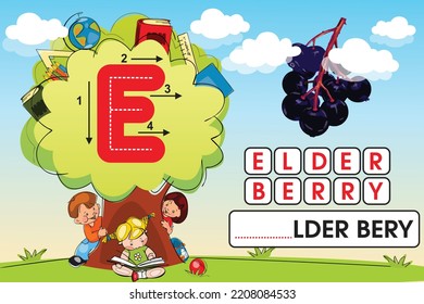Kids learning material. Worksheet for learning alphabet. Letter e.