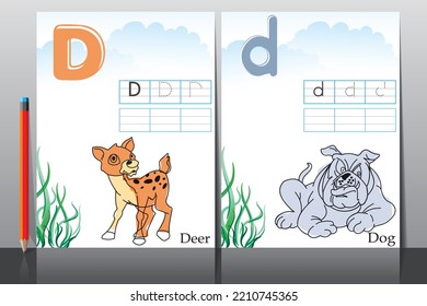 Material didáctico para niños. Hoja de trabajo para el aprendizaje del alfabeto. Letra D