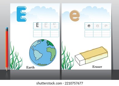 Material didáctico para niños. Hoja de trabajo para el aprendizaje del alfabeto. Letra E