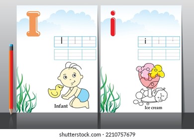 Kids learning material. Worksheet for learning alphabet. Letter I