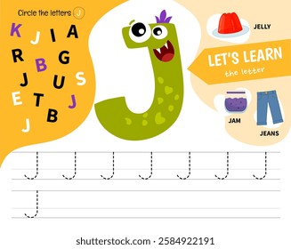 Kids learning material. Worksheet for learning alphabet. Letter J. Illustration of cute cartoon monster letters.
