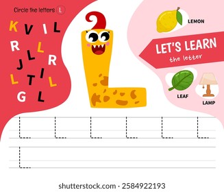 Kids learning material. Worksheet for learning alphabet. Letter L. Illustration of cute cartoon monster letters.
