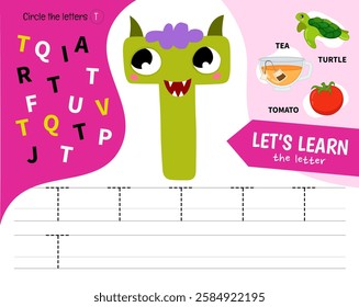 Kids learning material. Worksheet for learning alphabet. Letter T. Illustration of cute cartoon monster letters.
