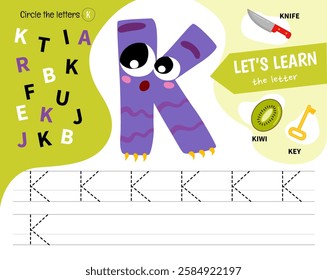 Kids learning material. Worksheet for learning alphabet. Letter K. Illustration of cute cartoon monster letters.
