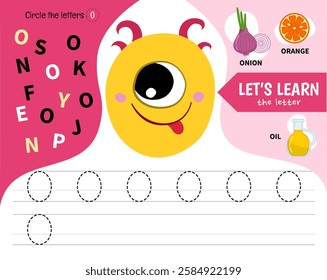 Kids learning material. Worksheet for learning alphabet. Letter O. Illustration of cute cartoon monster letters.
