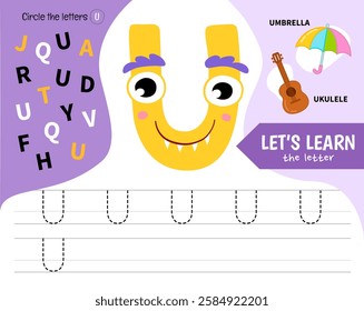 Kids learning material. Worksheet for learning alphabet. Letter U. Illustration of cute cartoon monster letters.
