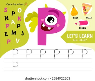 Kids learning material. Worksheet for learning alphabet. Letter P. Illustration of cute cartoon monster letters.
