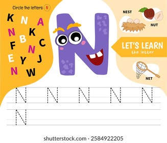 Kids learning material. Worksheet for learning alphabet. Letter N. Illustration of cute cartoon monster letters.
