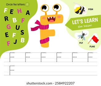 Kids learning material. Worksheet for learning alphabet. Letter F. Illustration of cute cartoon monster letters.
