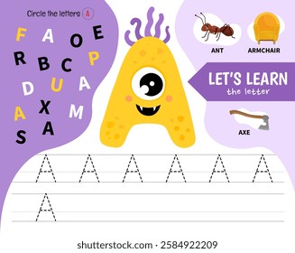 Kids learning material. Worksheet for learning alphabet. Letter A. Illustration of cute cartoon monster letters.
