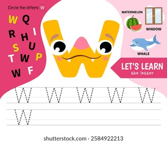 Kids learning material. Worksheet for learning alphabet. Letter W. Illustration of cute cartoon monster letters.
