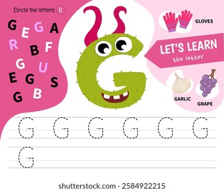 Kids learning material. Worksheet for learning alphabet. Letter G. Illustration of cute cartoon monster letters.
