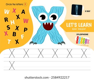 Kids learning material. Worksheet for learning alphabet. Letter X. Illustration of cute cartoon monster letters.
