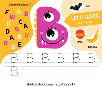 Kids learning material. Worksheet for learning alphabet. Letter B. Illustration of cute cartoon monster letters.
