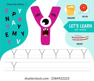 Kids learning material. Worksheet for learning alphabet. Letter Y. Illustration of cute cartoon monster letters.
