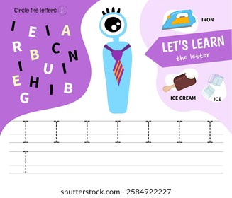 Kids learning material. Worksheet for learning alphabet. Letter I. Illustration of cute cartoon monster letters.
