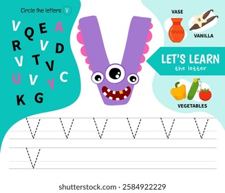 Kids learning material. Worksheet for learning alphabet. Letter V. Illustration of cute cartoon monster letters.
