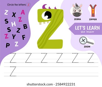 Kids learning material. Worksheet for learning alphabet. Letter Z. Illustration of cute cartoon monster letters.
