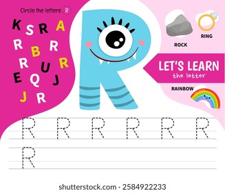 Kids learning material. Worksheet for learning alphabet. Letter R. Illustration of cute cartoon monster letters.
