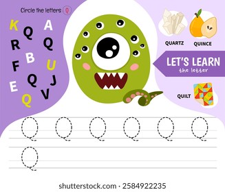 Kids learning material. Worksheet for learning alphabet. Letter Q. Illustration of cute cartoon monster letters.
