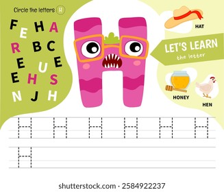 Kids learning material. Worksheet for learning alphabet. Letter H. Illustration of cute cartoon monster letters.
